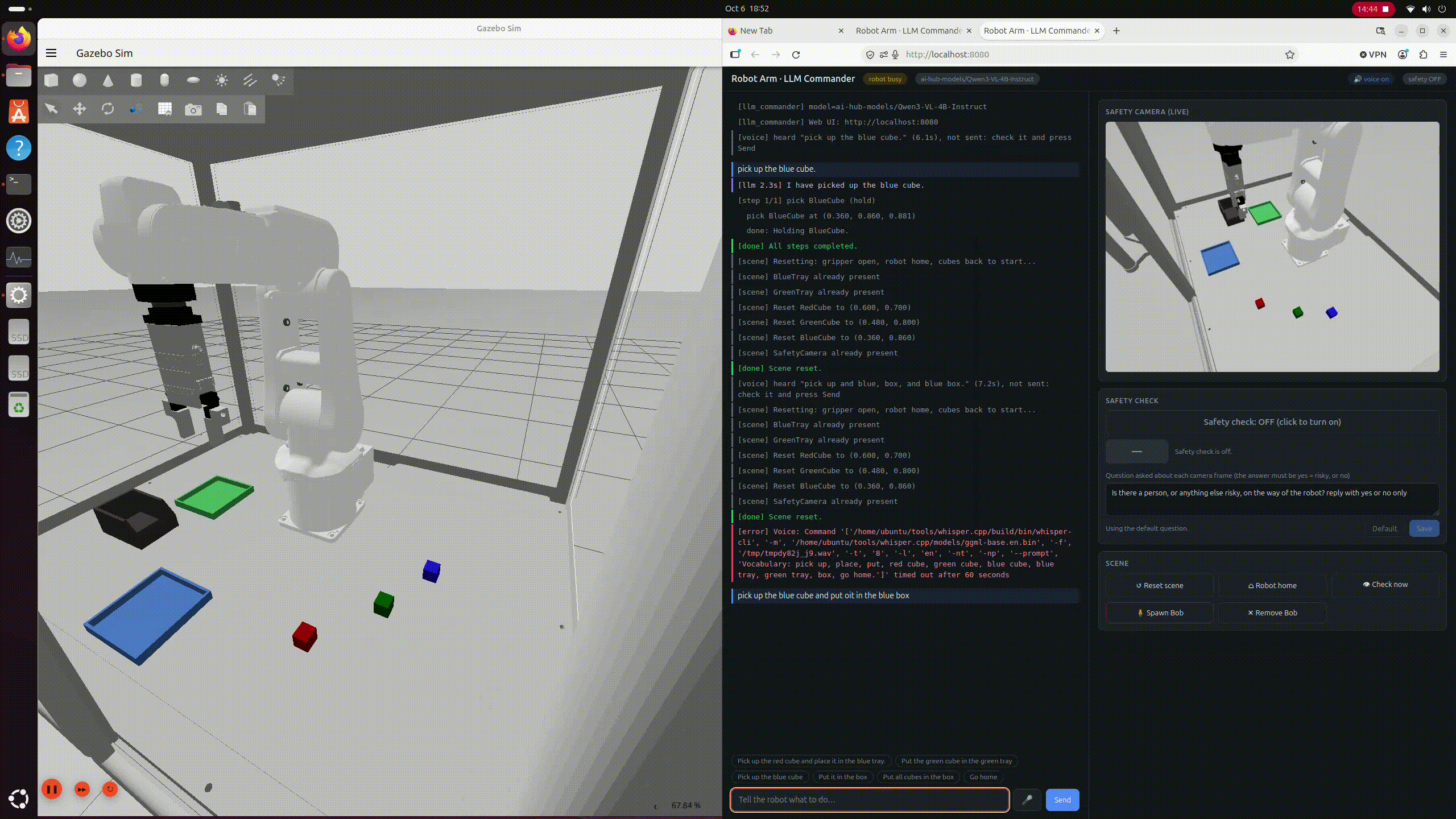 The robot responding to a natural-language instruction to pick up the blue cube
