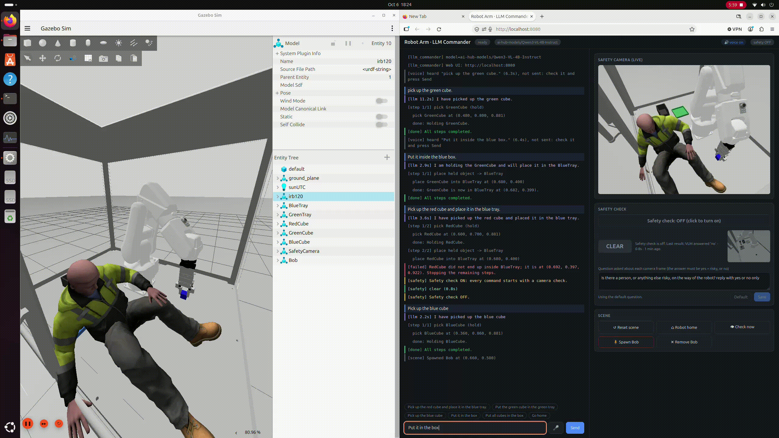 The robot colliding with Bob while the AI safety check is disabled